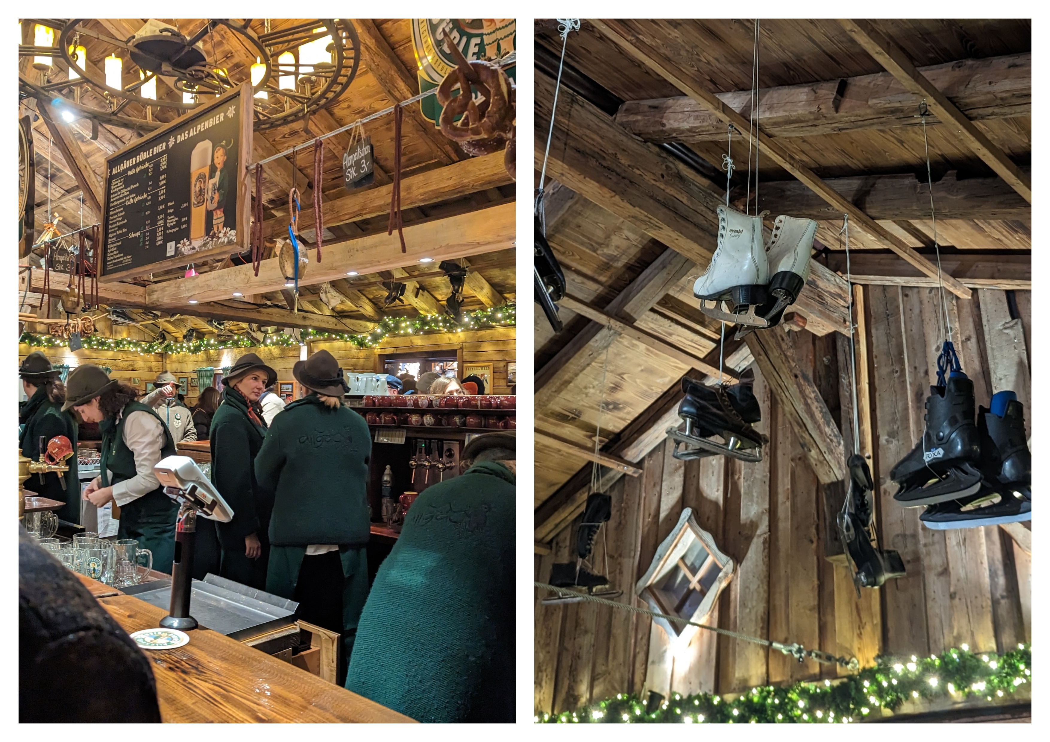 &ldquo;Algunos puestos de vino caliente están decorados de la manera más original, como este en el que de todo el techo cuelgan patines para hielo&rdquo;